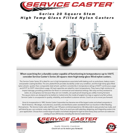 Service Caster 3.5 Inch High Temp Glass Filled Nylon 7/8 Inch Square Stem Caster with Brake SCC SCC-SQ20S3514-GFNSHT-TLB-78